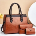 Detailed view of the 3-piece vintage brown tote bag set with textured faux leather finish - Khaki/Earth Yellow