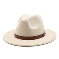 Detail of wide brim wool fedora with brown leather band and ornate metal buckle - M (56-58cm) / Beige