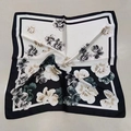 Elegant black and white floral square scarf with pansy pattern and geometric borders - Black And White Floral Small Square Scarf / 65