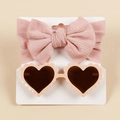Detailed set of pink knitted bow headband and heart-shaped sunglasses for baby girls - Paper Card 2pcs Set / Pink