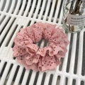 Elegant pink lace scrunchie with intricate embroidery on a white background - Korean Pink