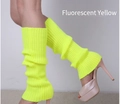 Close-up of fluorescent yellow ribbed knit leg warmers styled with high heel sandals - Neon Yellow