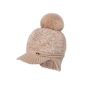 Berretto da donna in maglia con paraorecchie e grande pompon in pelliccia beige - Cachi