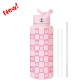 Borraccia sportiva 1L a scacchi rosa con fiori, cannuccia e kit di pulizia - Rosa Chiaro 11W