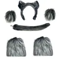 Grey faux fur wolf ears and tail set with leg warmers for girls Halloween costume - Straight Hair Wolf 6-Piece Set (Clip Style)
