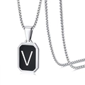 Detail of silver box chain and black octagonal pendant featuring the letter V engraving - Letter V
