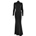 Elegant black long sleeve backless maxi dress with a slim fit silhouette on mannequin - S / Black
