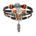 Bohemian multilayer leather bracelet with turquoise beads and metallic feather charms - Moon Sun Stars And Feather (Style B)