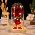 Doubles roses éternelles rouges sous dôme en verre avec LED et socle en bois - Base bois + Pétales + 2 Fleurs / Dôme en plastique