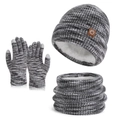 Winter 3-piece set with thermal fleece lining, knit hat, neck warmer, and touch gloves - Gray / 3-Piece Set (Hat + Scarf + Gloves)