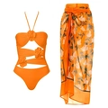Orange cutout one-piece swimsuit with 3D floral accents and matching floral sarong skirt set - S / Orange Set