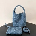 Three-piece denim blue woven tote bag set with matching pouch and shoulder strap - Medium 23cm / Blue Snowflake