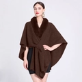 Elegant dark brown knitted shawl with plush faux rabbit fur collar and wrap-around tie design - Coffee