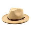 Detailed close-up of beige wool fedora featuring a brown braided leather band and gold buckle - M (56-58cm) / Camel