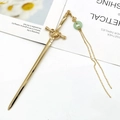 Golden sword-shaped hair pin with jade tassel for Hanfu accessories, polished metal - Tassel Pendant Style / K Gold (Peace Jade Bead Chain)