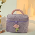 Borsa cosmetica viola in velluto a coste con motivo trapuntato e fiori - Grande borsa a secchiello / Borsa a secchiello viola