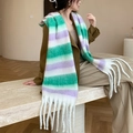 Écharpe à carreaux toucher cachemire rayée vert blanc violet avec bords à franges - 57s Vert Blanc Violet à Rayures