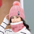 Pink winter knitted hat and neck scarf set with fleece lining and faux fur pompom decor - Set / Pink