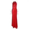 Front view of a red backless halter satin evening gown with elegant draping on mannequin - XS / Red