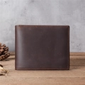 Vintage dark brown genuine leather men's wallet displayed on rustic wood background - Horizontal Dark Brown