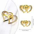 Golden heart napkin ring with sparkling rhinestones in a double heart overlap design - Golden Double Heart Rhinestone