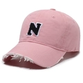 Pink cotton baseball cap with black embroidered N letter and frayed edge details - Adjustable / Pink