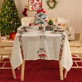 Beige polyester lace tablecloth with Christmas stockings and red berry embroidery - Christmas Stocking Embroidery