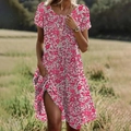Robe courte fleurie rose et blanche pour femme, coupe trapèze fluide et légère - Rose Fleuri