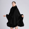 Elegant black knit poncho cape with faux rabbit fur collar and relaxed draped silhouette - Black