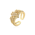 Detail of 18K gold plated ring featuring three clusters of white cubic zirconia flowers - Adjustable Open / Flower Cluster Style (12720) / Gold