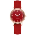 Detailed close-up of a red dial ladies quartz watch with rose gold case and suede strap - Red