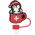 Reusable 10mm silicone straw topper with cute Christmas penguin and red mug design - 08-Penguin Cup A