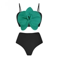Zweiteiliger schwarzer Damen-Bikini mit großer grüner 3D-Blütenverzierung am Oberteil - S / 2-Teiliger Badeanzug Set