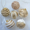 Set of 6 luxury champagne gold and white glitter Christmas ornaments with pearls and sequins - Champagne Color 6-Piece Set