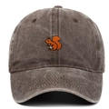 Close-up of squirrel embroidery on a vintage washed cotton baseball cap in charcoal gray - Adjustable / Coffee