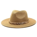 Cappello di paglia kaki stile Fedora con una catena a maglie dorata decorativa - M (56-58cm) / Cachi