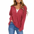 Close-up of red waffle knit texture on women long sleeve V-neck zipper hoodie jacket - Red
