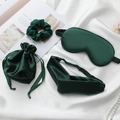 Dark green satin sleep set including eye mask, scrunchie, headband and storage bag - 4pcs Set (Square Bag) / Trend Green