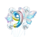 Detail of rainbow gradient number nine and butterfly balloon set with blue confetti balloons - Colorful Butterfly Set 9