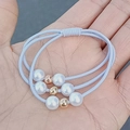 Three-strand light blue elastic hair ties with white pearls and gold metal beads - Three-Piece Set / Sky Blue