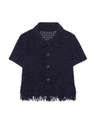 Detail der Strickstruktur des dunkelblauen Kurzarm-Cardigans mit Quastensaum und Kragen - S / Tops / Marineblau