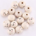20mm natural wood smiley face beads with pink blush for creative jewelry making - Line Smile