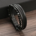 Men's multi-layer bracelet with black leather, lava beads, and magnetic clasp detail - 21cm / Snowflake Obsidian