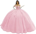 Pink off-shoulder ball gown princess dress with sequins and long gloves for prom - Pink with Train