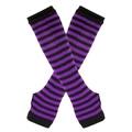 Close-up of purple and black striped knit fingerless long arm sleeves with thumb holes - One Size / Purple Black Striped