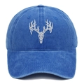 Close-up of white deer skull embroidery on navy washed cotton baseball cap texture - Dark Blue