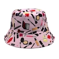 Detailed close-up of pink bucket hat with cosmetic prints showing perfume and lipstick icons - M (56-58cm) / Pink
