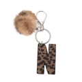 Western leopard print leather letter N keychain with a brown plush pompom charm - Leopard Letter N
