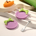 Miniature purple resin plates with green bows and silver fork for dollhouse decor - Round Purple Plate