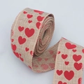 Faux linen wired ribbon with red hearts pattern for Christmas and DIY crafts - 6.5cm / Natural Heart